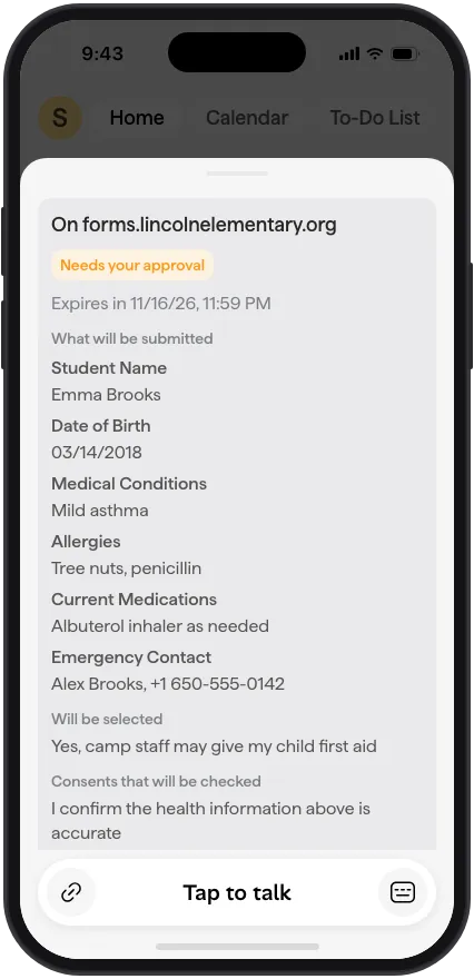 Calo chat with an approval card showing the health form answers