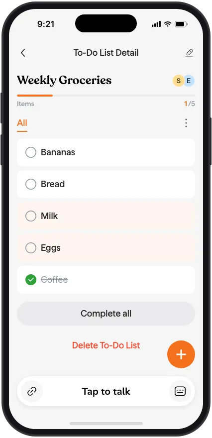Weekly Groceries list with milk and eggs just added