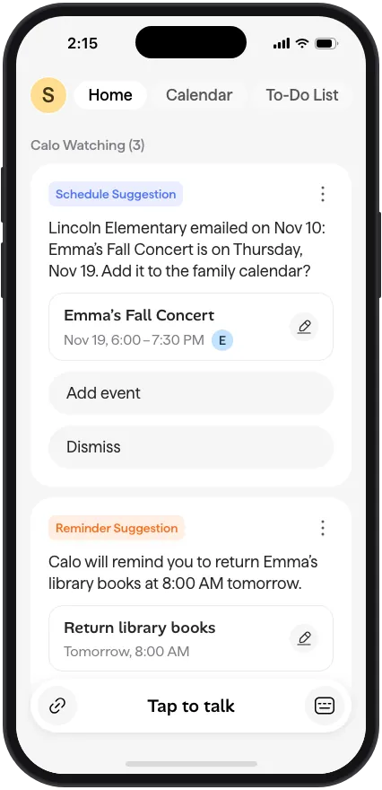 Calo Home screen with a Schedule Suggestion card for the Fall Concert