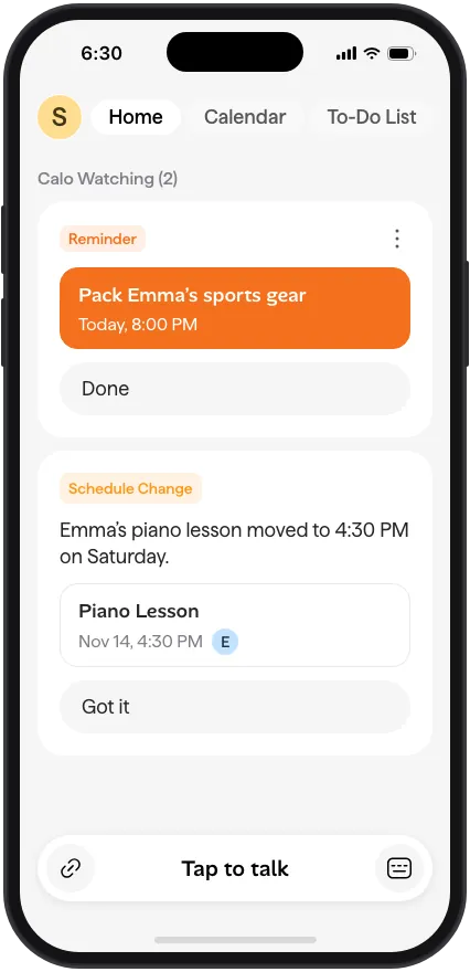 Calo Home screen with an orange Reminder card to pack sports gear