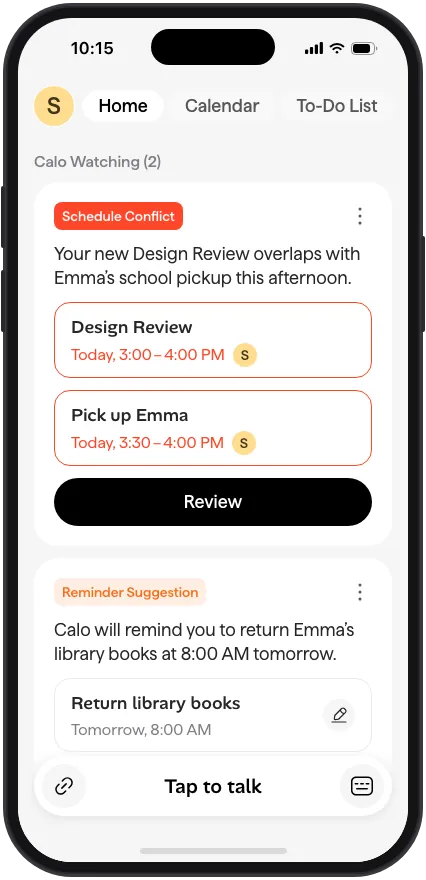 Calo Home screen with a red Schedule Conflict card