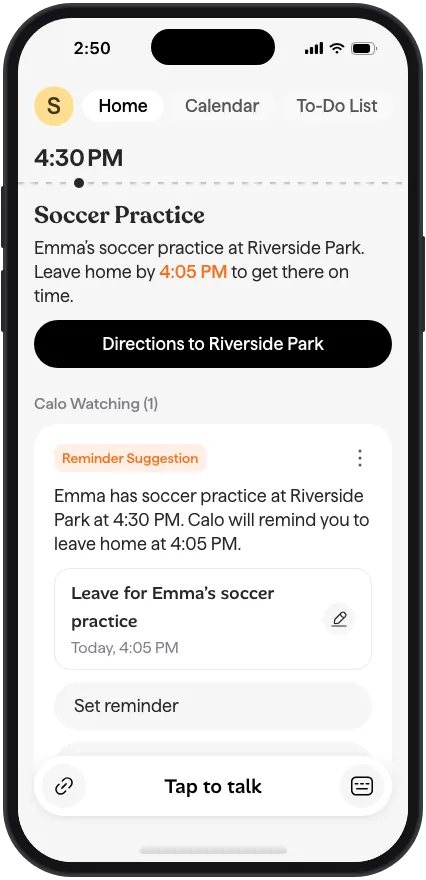 Calo Home screen showing when to leave for soccer practice, with a Directions button
