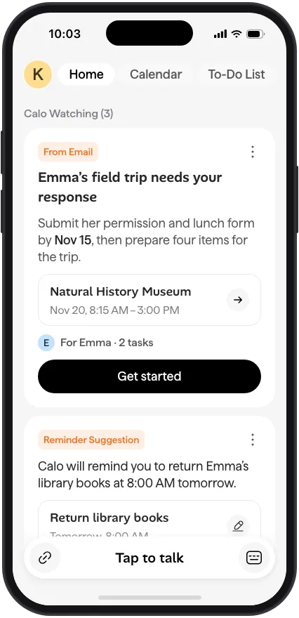 Calo Home screen with the field trip task card from the school email
